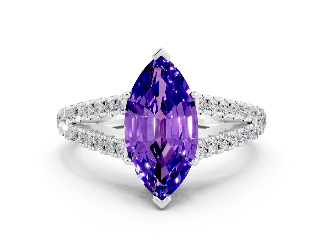 White gold Marquise Cut Cut Split Shank Pave Diamond Engagement Ring with Four-Prong Setting