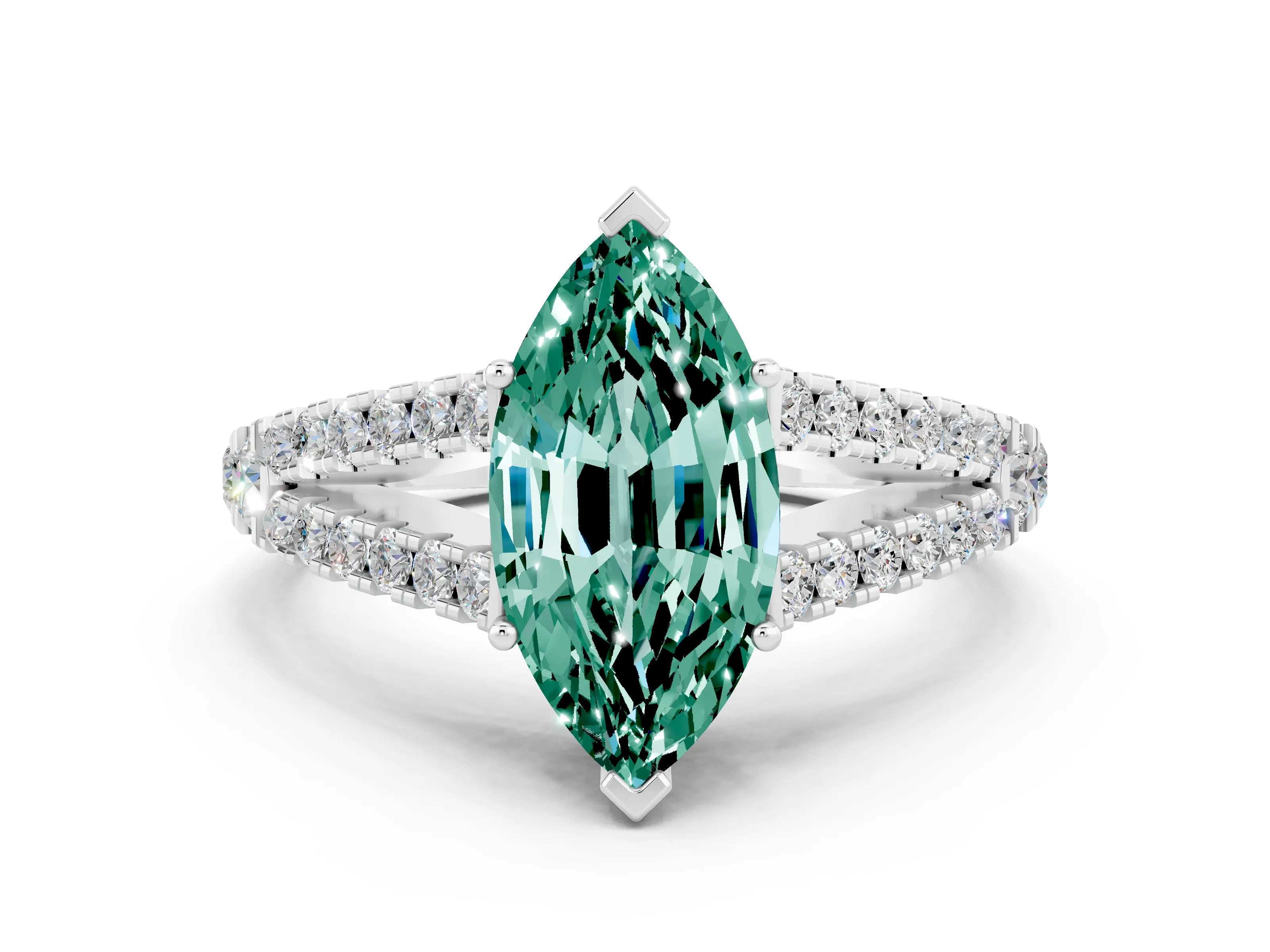 White gold Marquise Cut Cut Split Shank Pave Diamond Engagement Ring with Four-Prong Setting