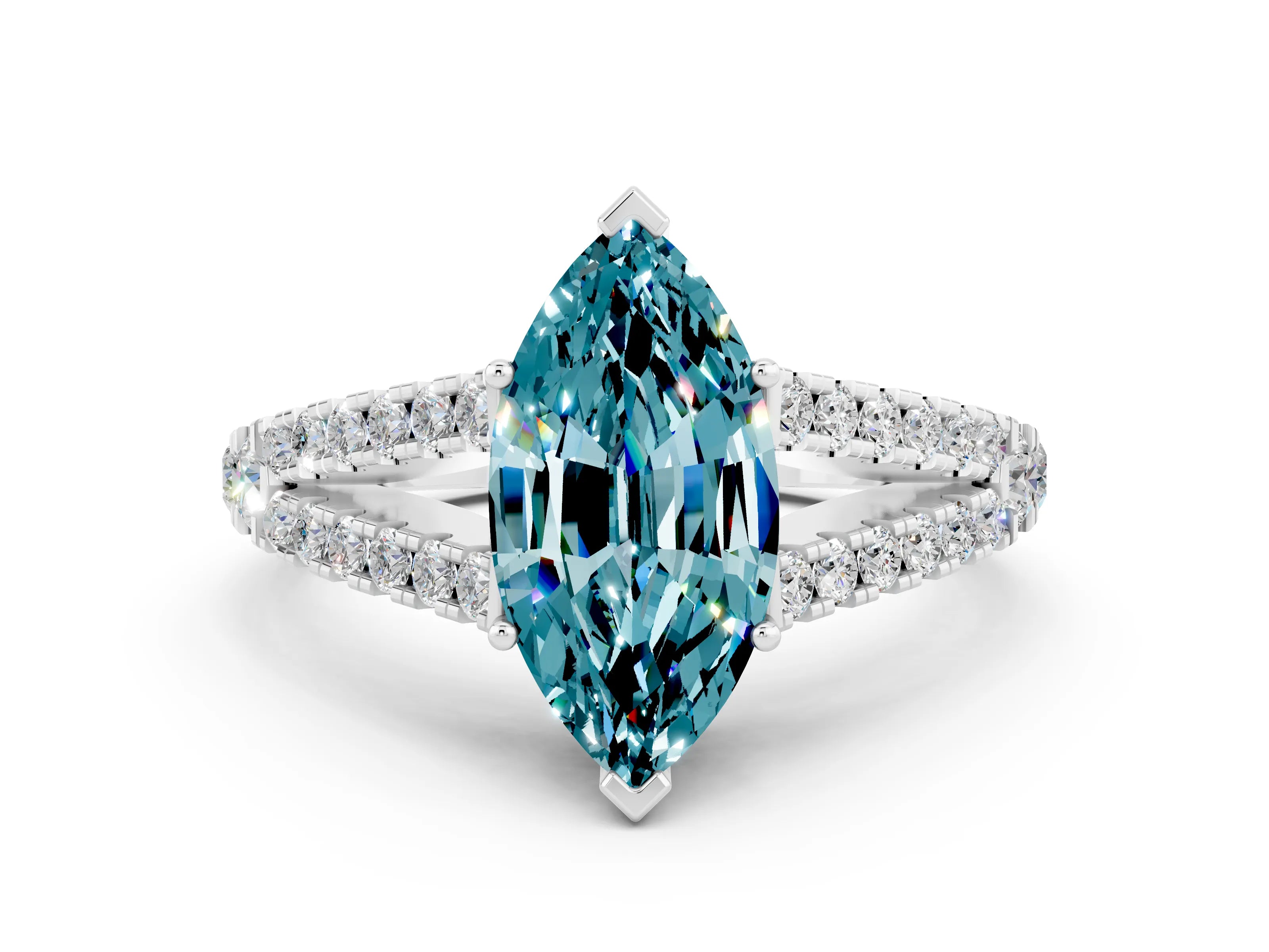 White gold Marquise Cut Cut Split Shank Pave Diamond Engagement Ring with Four-Prong Setting