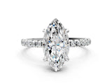 White gold Marquise Cut Diamond Brilliant Solitaire Ring with Pavé Band and Four-Prong Setting