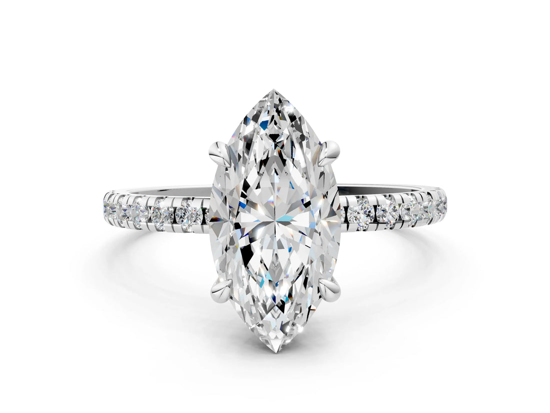 White gold Marquise Cut Diamond Brilliant Solitaire Ring with Pavé Band and Four-Prong Setting_29