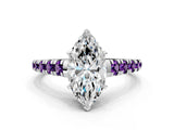 White gold Marquise Cut Diamond Cathedral Solitaire Ring with Round with Amethyst side stone Pavé Band_12