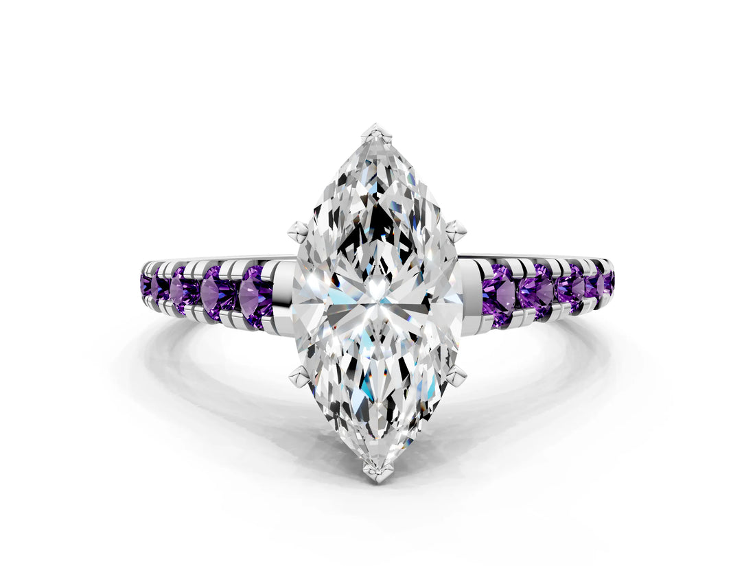 White gold Marquise Cut Diamond Cathedral Solitaire Ring with Round with Amethyst side stone Pavé Band_12