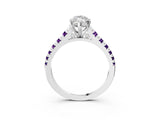 White gold Marquise Cut Diamond Cathedral Solitaire Ring with Round with Amethyst side stone Pavé Band_15