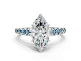 White gold Marquise Cut Diamond Cathedral Solitaire Ring with Round with Aquamarine side stone Pavé Band_12