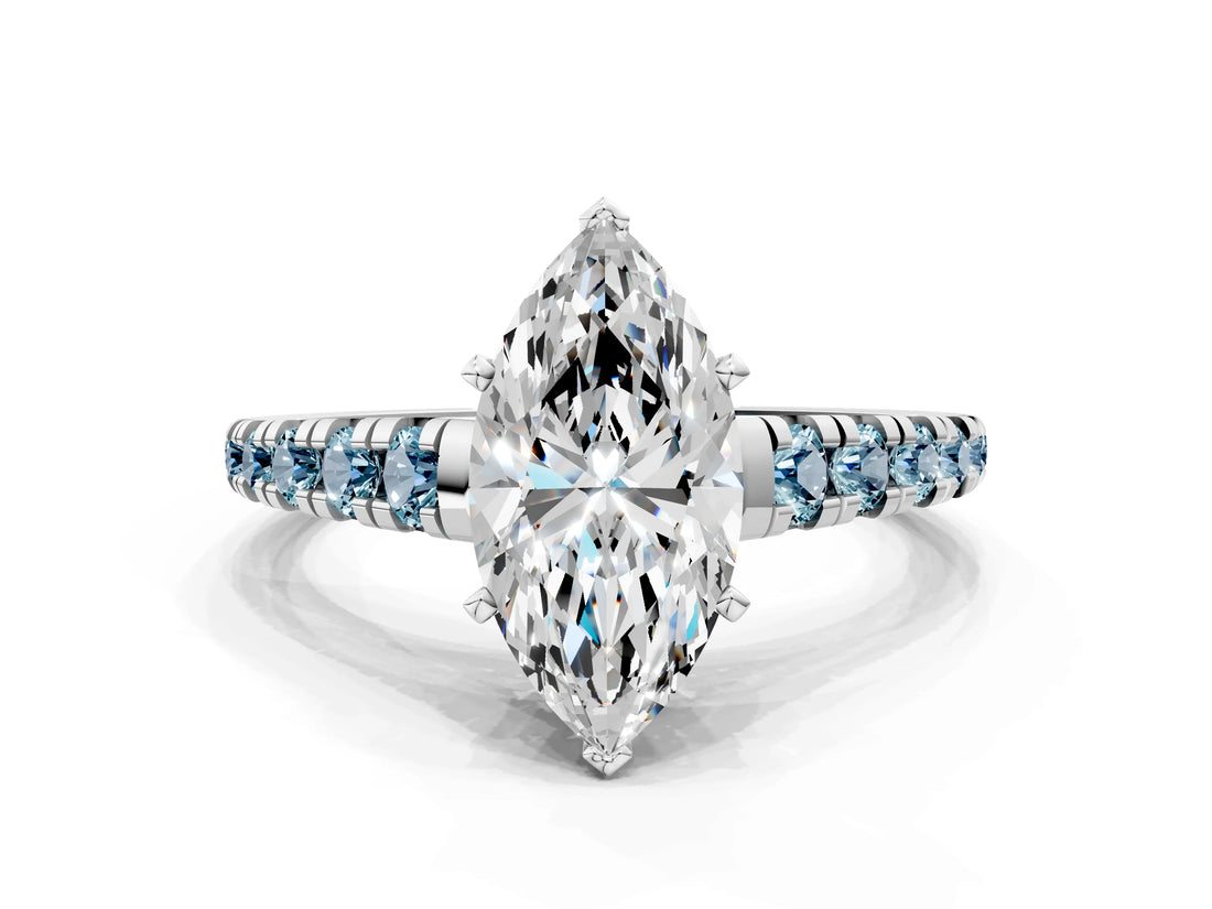 White gold Marquise Cut Diamond Cathedral Solitaire Ring with Round with Aquamarine side stone Pavé Band_12