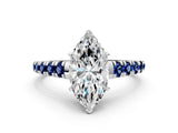 White gold Marquise Cut Diamond Cathedral Solitaire Ring with Round with Blue Sapphire side stone Pavé Band_36