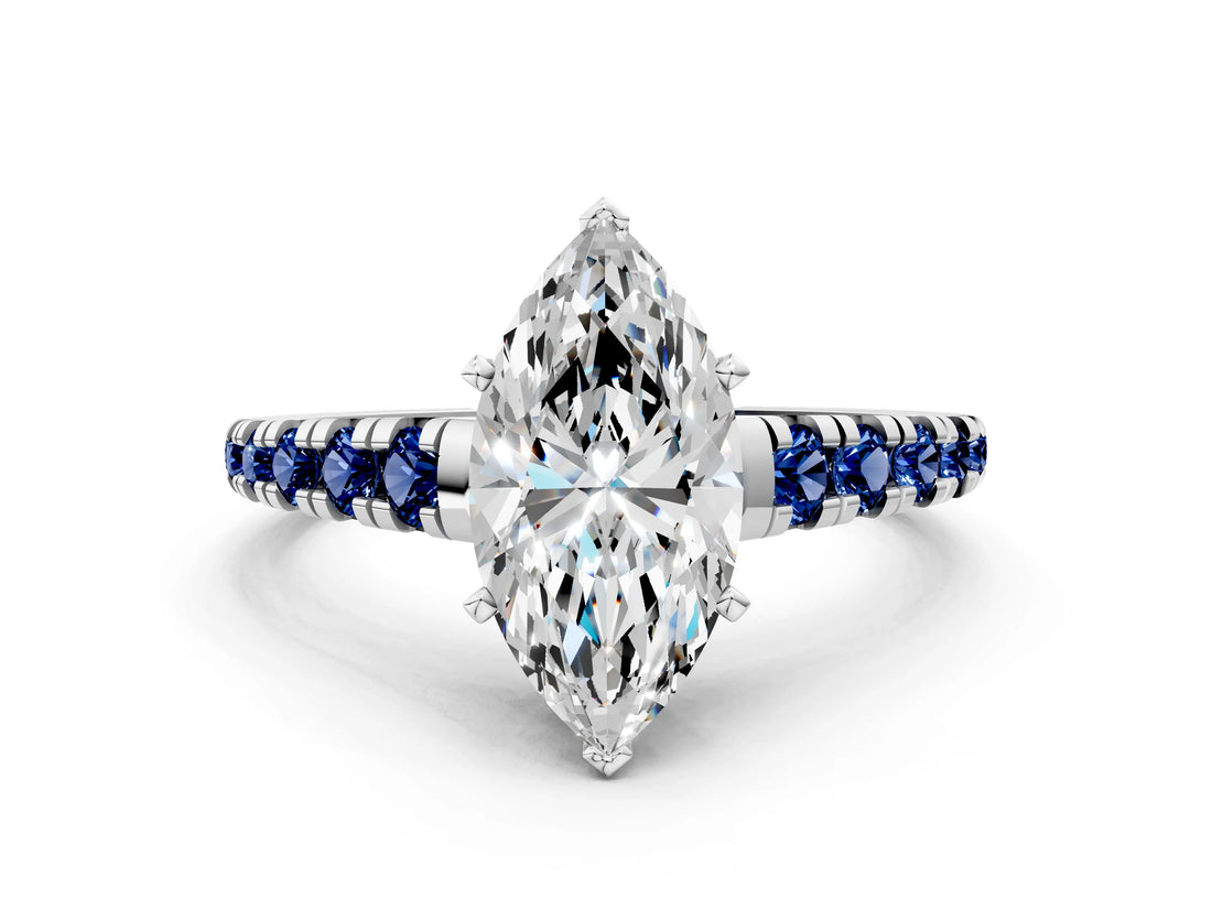 White gold Marquise Cut Diamond Cathedral Solitaire Ring with Round with Blue Sapphire side stone Pavé Band_48