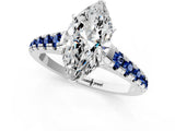 White gold Marquise Cut Diamond Cathedral Solitaire Ring with Round with Blue Sapphire side stone Pavé Band_49
