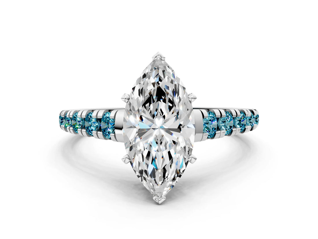 White gold Marquise Cut Diamond Cathedral Solitaire Ring with Round with Blue Topaz side stone Pavé Band