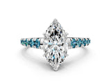 White gold Marquise Cut Diamond Cathedral Solitaire Ring with Round with Blue Topaz side stone Pavé Band