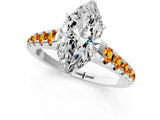 White gold Marquise Cut Diamond Cathedral Solitaire Ring with Round with Citrine side stone Pavé Band_13