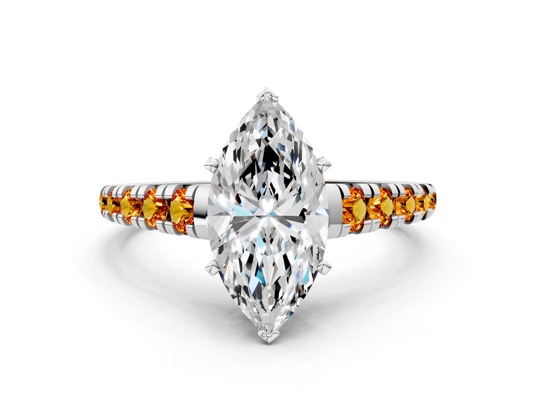 White gold Marquise Cut Diamond Cathedral Solitaire Ring with Round with Citrine side stone Pavé Band_21