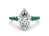 White gold Marquise Cut Diamond Cathedral Solitaire Ring with Round with Emerald side stone Pavé Band_12