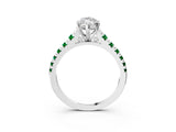 White gold Marquise Cut Diamond Cathedral Solitaire Ring with Round with Emerald side stone Pavé Band_15