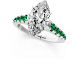 White gold Marquise Cut Diamond Cathedral Solitaire Ring with Round with Emerald side stone Pavé Band_1