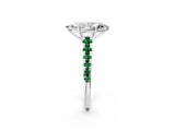 White gold Marquise Cut Diamond Cathedral Solitaire Ring with Round with Emerald side stone Pavé Band_2