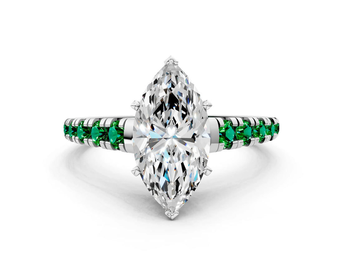 White gold Marquise Cut Diamond Cathedral Solitaire Ring with Round with Emerald side stone Pavé Band