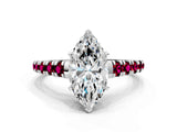 White gold Marquise Cut Diamond Cathedral Solitaire Ring with Round with Garnet side stone Pavé Band_12