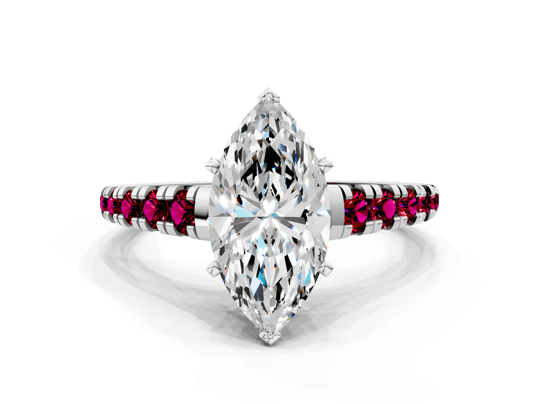 White gold Marquise Cut Diamond Cathedral Solitaire Ring with Round with Garnet side stone Pavé Band_12