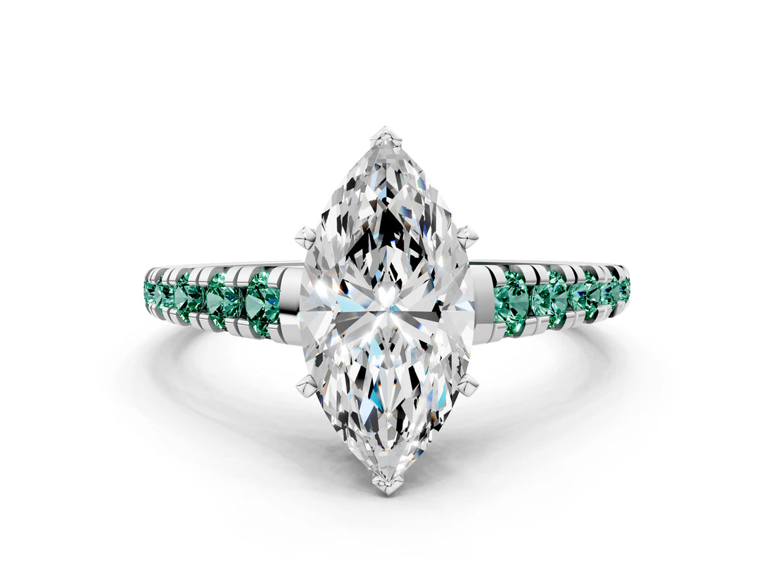 White gold Marquise Cut Diamond Cathedral Solitaire Ring with Round with Green Sapphire side stone Pavé Band