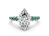 White gold Marquise Cut Diamond Cathedral Solitaire Ring with Round with Green Sapphire side stone Pavé Band_12