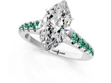 White gold Marquise Cut Diamond Cathedral Solitaire Ring with Round with Green Sapphire side stone Pavé Band_1