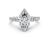 White gold Marquise Cut Diamond Cathedral Solitaire Ring with Round with Moissanite side stone Pavé Band_12
