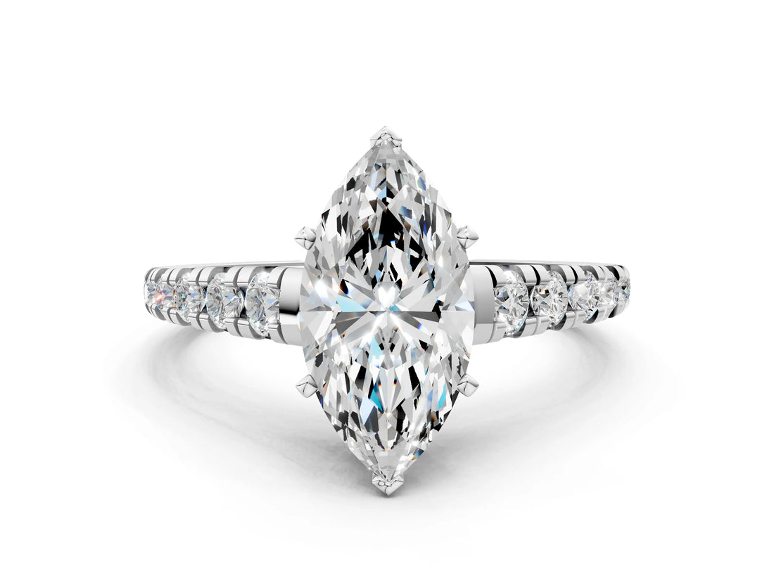 White gold Marquise Cut Diamond Cathedral Solitaire Ring with Round with Moissanite side stone Pavé Band_24