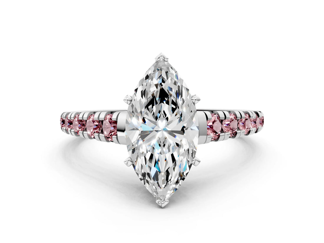 White gold Marquise Cut Diamond Cathedral Solitaire Ring with Round with Morganite side stone Pavé Band_12