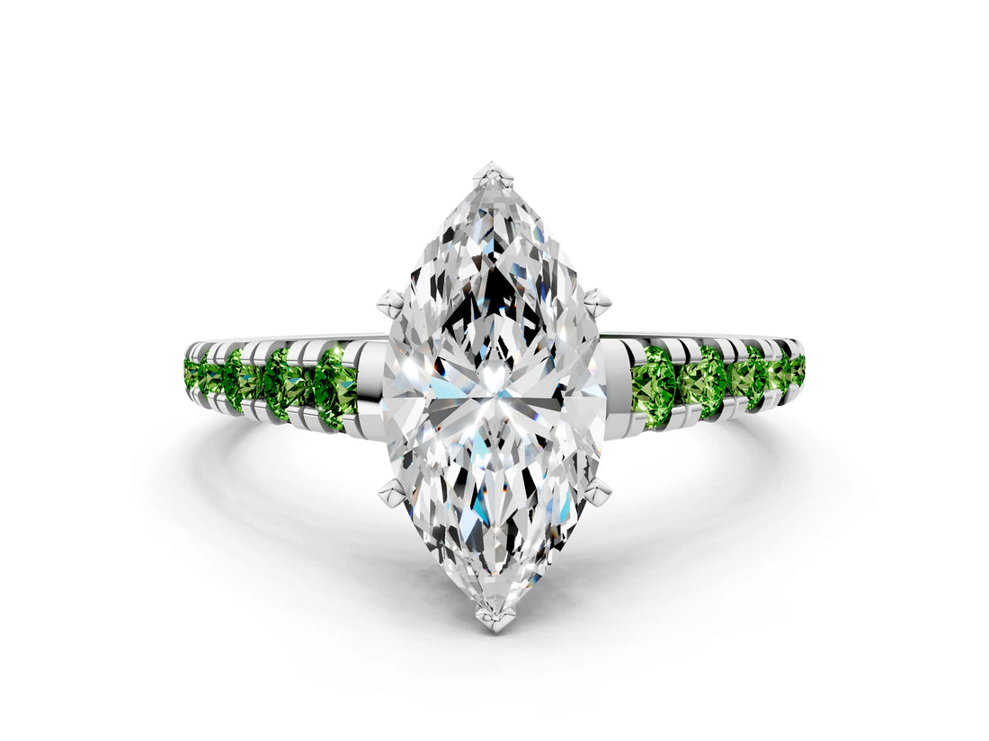 White gold Marquise Cut Diamond Cathedral Solitaire Ring with Round with Peridot side stone Pavé Band_12
