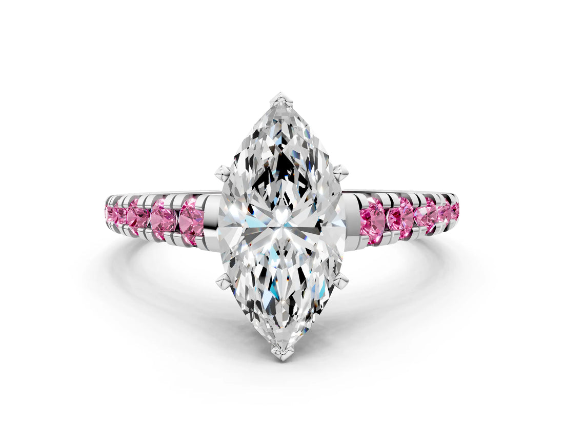 White gold Marquise Cut Diamond Cathedral Solitaire Ring with Round with Pink Sapphire side stone Pavé Band_21