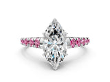 White gold Marquise Cut Diamond Cathedral Solitaire Ring with Round with Pink Sapphire side stone Pavé Band_24