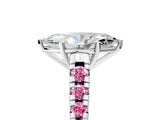 White gold Marquise Cut Diamond Cathedral Solitaire Ring with Round with Pink Sapphire side stone Pavé Band_29