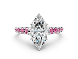 White gold Marquise Cut Diamond Cathedral Solitaire Ring with Round with Pink Sapphire side stone Pavé Band_36