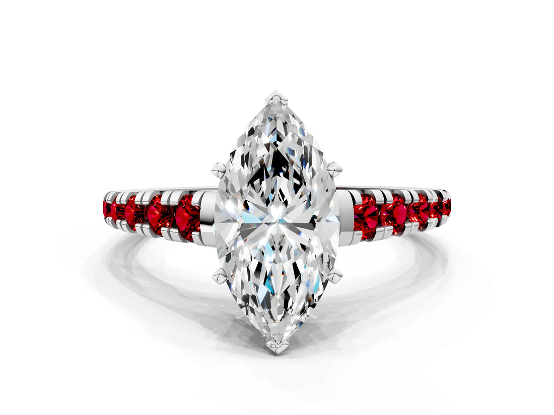 White gold Marquise Cut Diamond Cathedral Solitaire Ring with Round with Ruby side stone Pavé Band_48