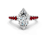 White gold Marquise Cut Diamond Cathedral Solitaire Ring with Round with Ruby side stone Pavé Band_48