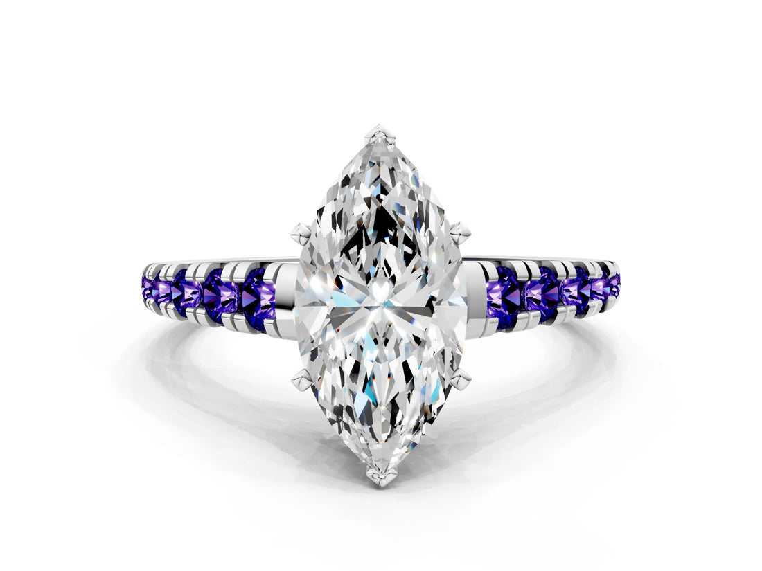 White gold Marquise Cut Diamond Cathedral Solitaire Ring with Round with Tanzanite side stone Pavé Band