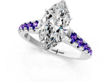 White gold Marquise Cut Diamond Cathedral Solitaire Ring with Round with Tanzanite side stone Pavé Band_1