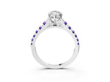 White gold Marquise Cut Diamond Cathedral Solitaire Ring with Round with Tanzanite side stone Pavé Band_3