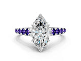 White gold Marquise Cut Diamond Cathedral Solitaire Ring with Round with Tanzanite side stone Pavé Band