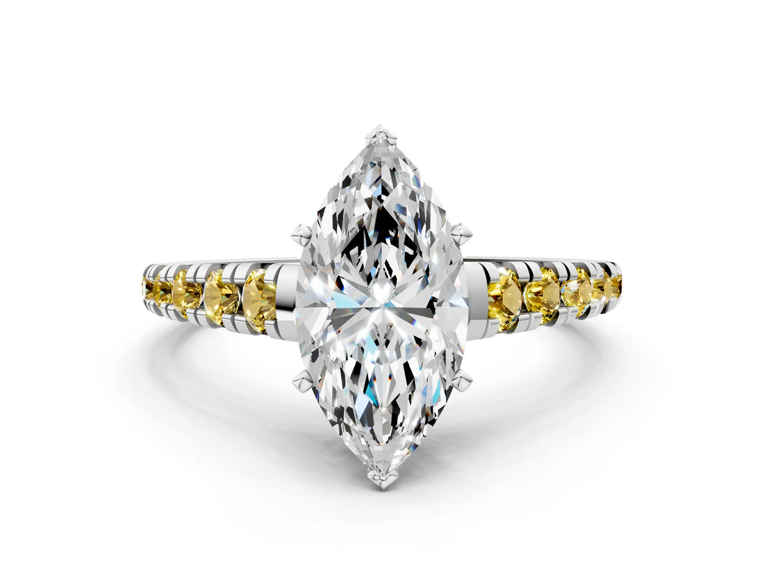 White gold Marquise Cut Diamond Cathedral Solitaire Ring with Round with Yellow Sapphire side stone Pavé Band_36