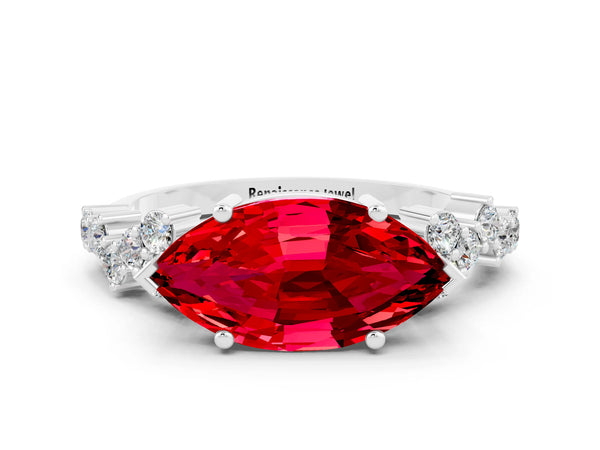 Platinum Marquise Cut Ruby Scattered Round Accent Ring with Prong Setting