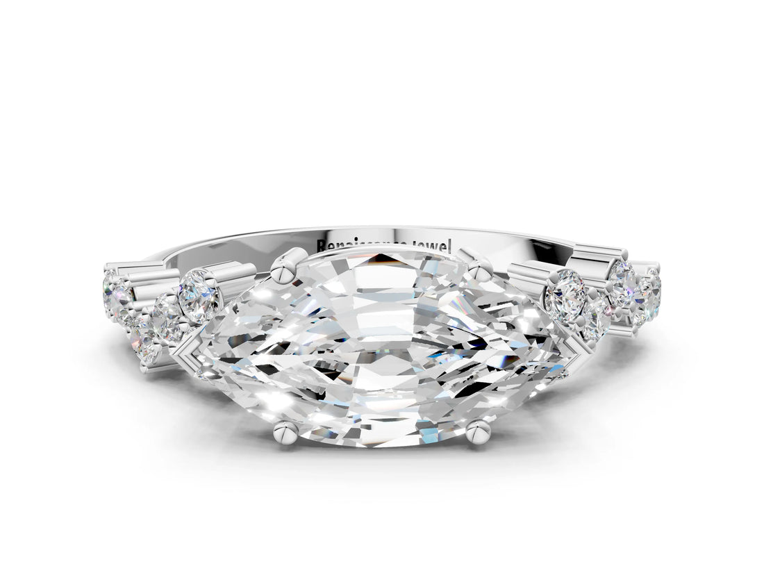White gold Marquise Cut Diamond Cluster Pavé Band with Four-Prong Setting_18
