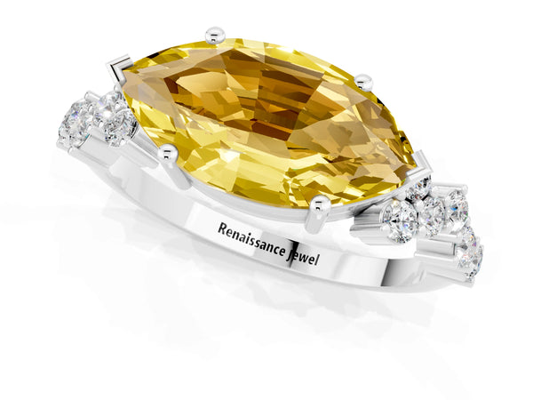 Platinum Marquise Cut Yellow Sapphire Scattered Round Accent Ring with Prong Setting