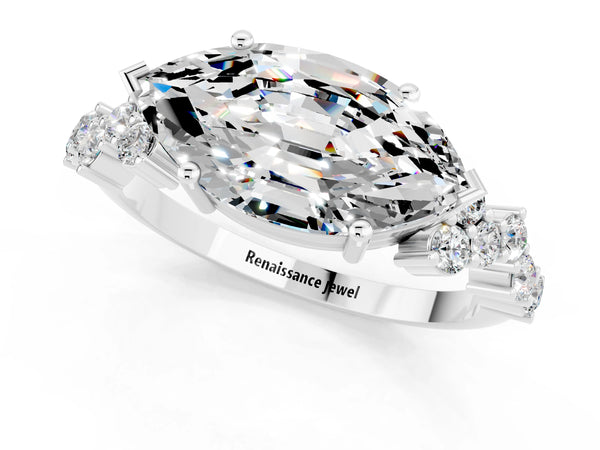 White gold Marquise Cut Moissanite Scattered Round Accent Ring with Prong Setting