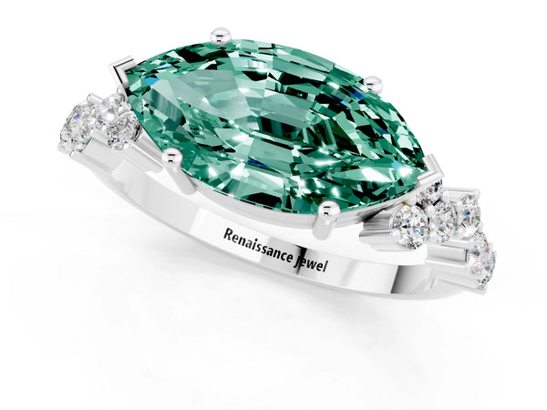 Platinum Marquise Cut Green Sapphire Scattered Round Accent Ring with Prong Setting