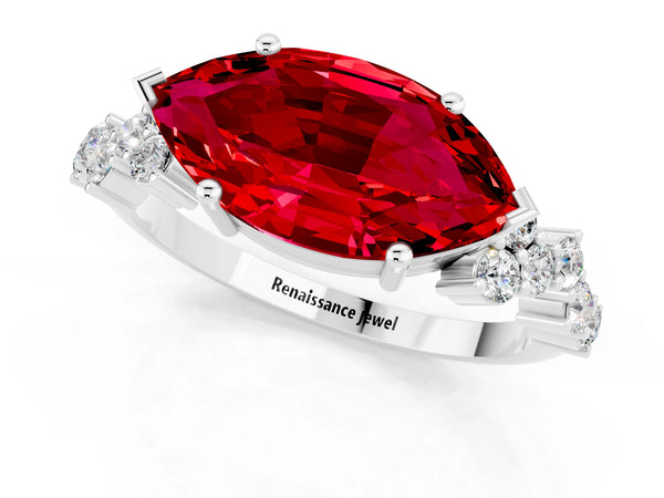 White gold Marquise Cut Ruby Scattered Round Accent Ring with Prong Setting