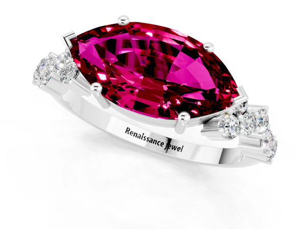 Silver Marquise Cut Garnet Scattered Round Accent Ring with Prong Setting