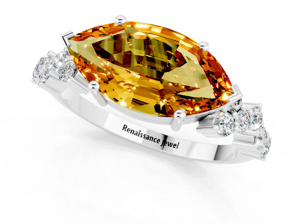 Silver Marquise Cut Citrine Scattered Round Accent Ring with Prong Setting